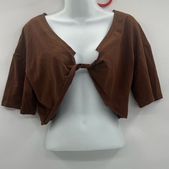 Ladies Brown Casual Tie-Up Crop Top – Size M | Short Sleeve, Stretch, NWOT - Picture 4 of 6